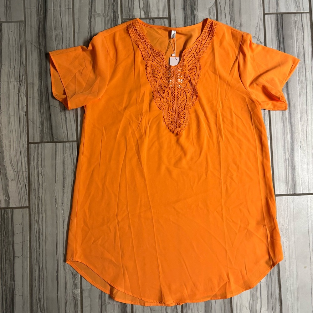 Vibrant Orange Women's Blouse with Lace Detail